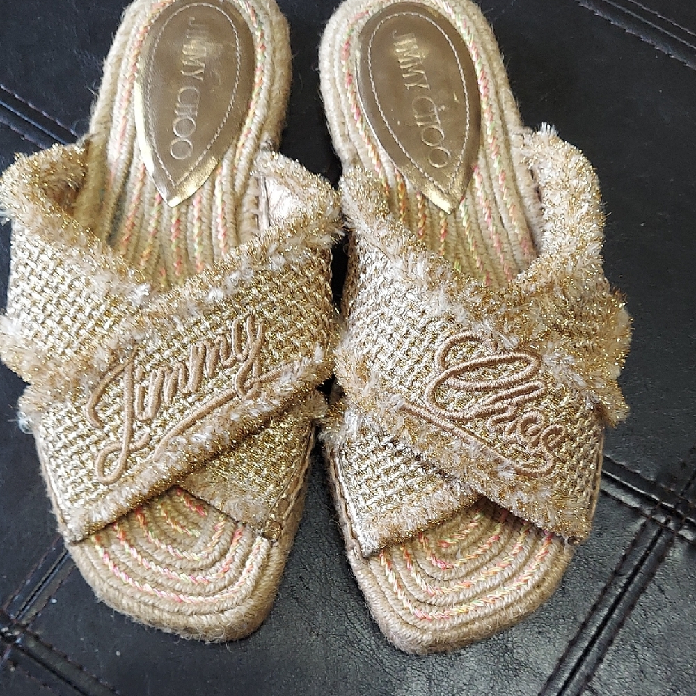 Jimmy Choo Gold Metallic Cross-Strap Slide Sandals